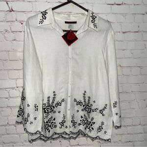 Blaine Trump Women’s 100% Linen White Shirt Button Up Embroidered Blouse Size M‎